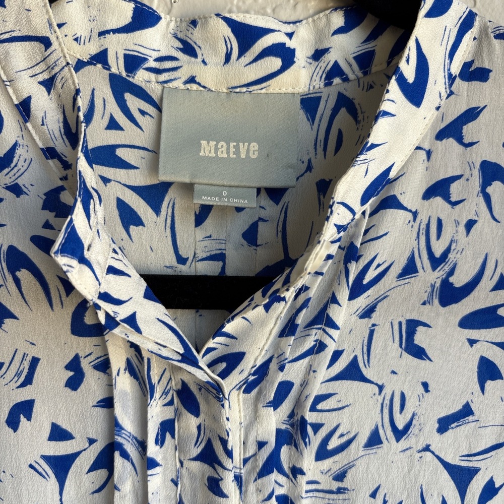 Maeve Anthro Silk 0 Blouse Sleeveless Button Carissa & Cobalt Colorbock Collar - Picture 2 of 10